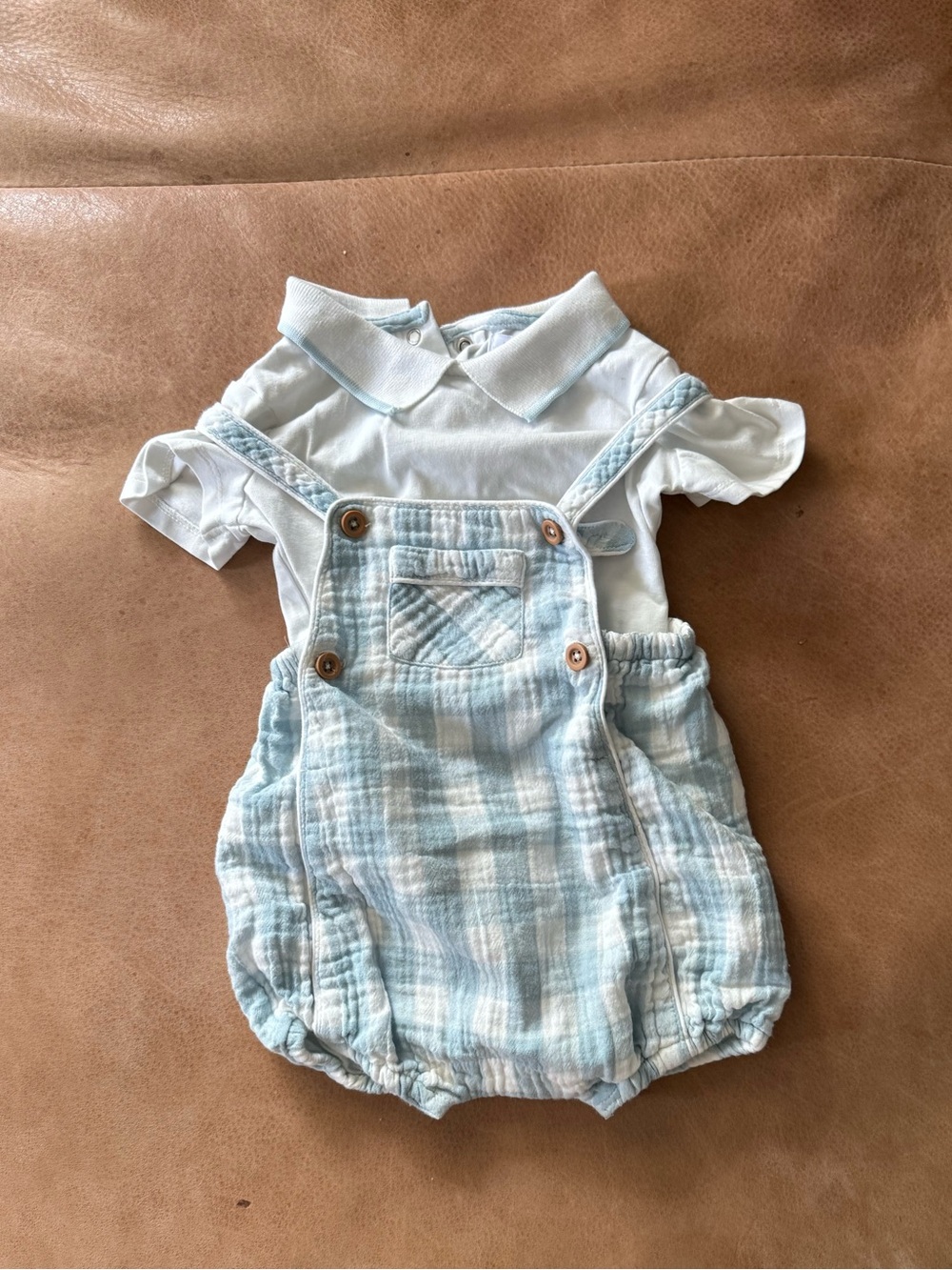 Tommy Bahama Baby 2 Piece Outfit Set 3-6 Months Blue Plaid Overalls Bodysuit